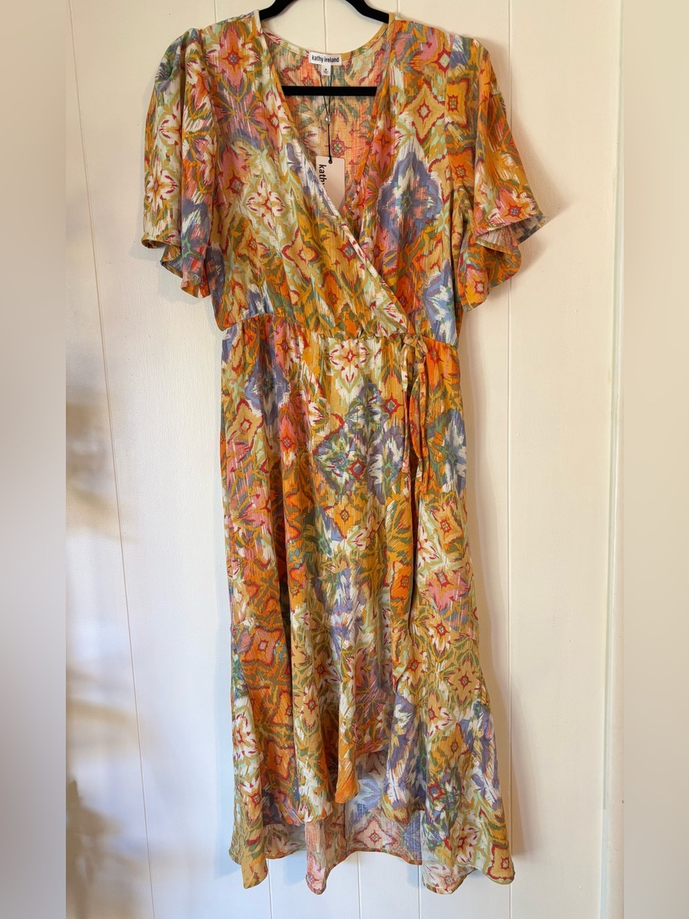 kathy ireland Yellow Multi Ikat Wrap Midi Dress